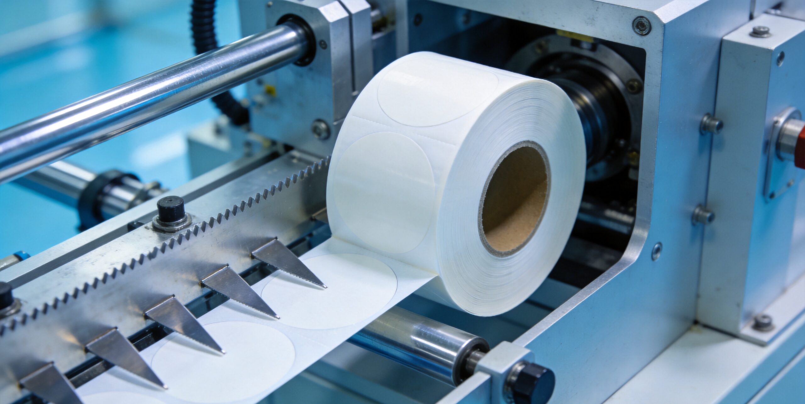 Precision die-cutting machinery processing adhesive tape in ISO 7 cleanroom